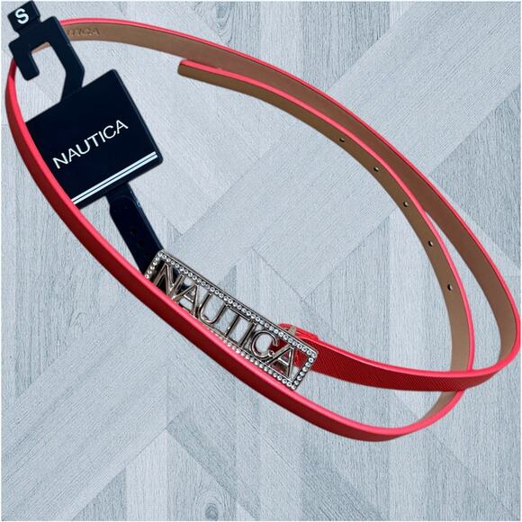 Nautica Belt Women's Small Red Skinny Rhinestone Sparkly Logo Casual Elegant - Picture 1 of 7